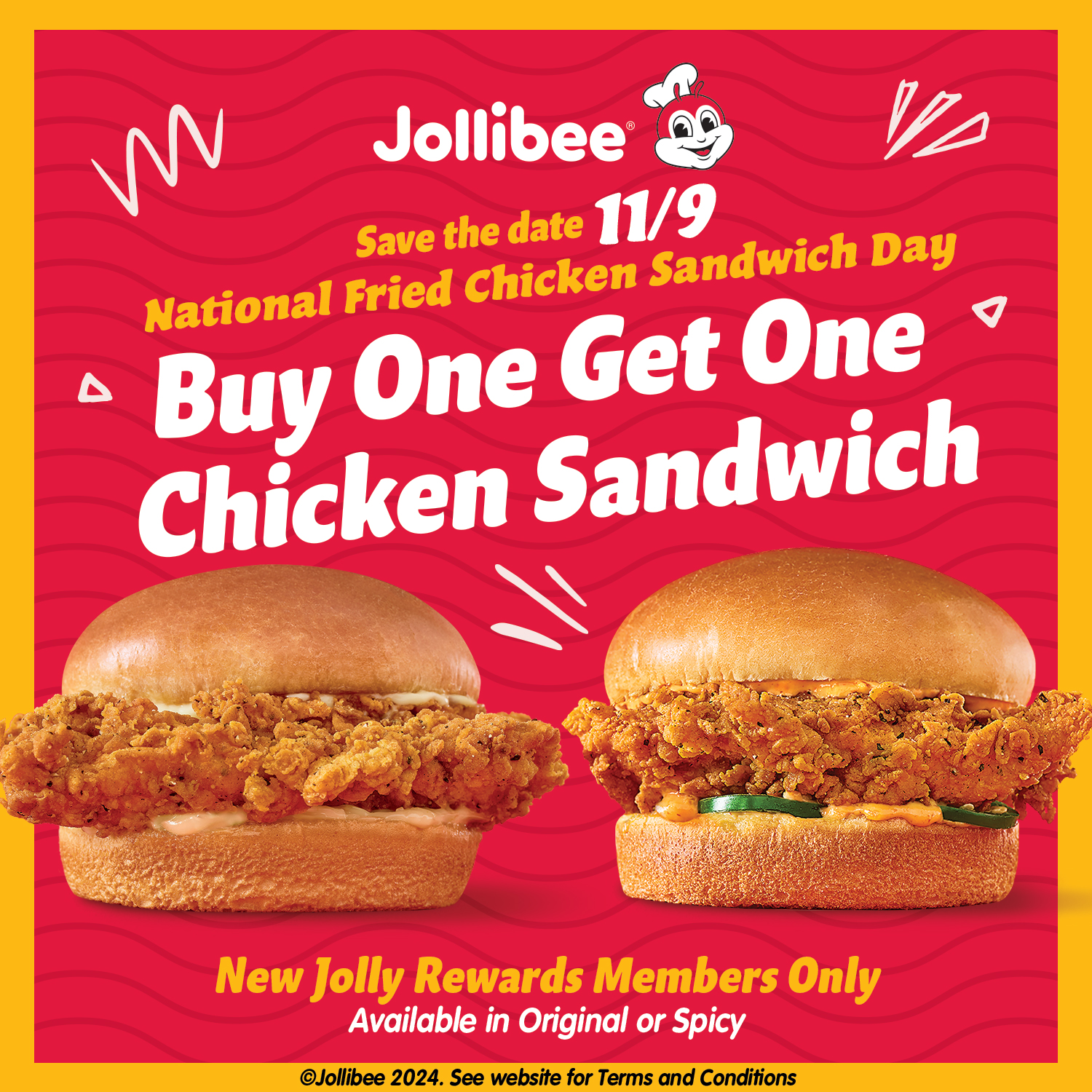 Jollibee National Fried Chicken Sandwich Day Buy one get one chicken sandwich