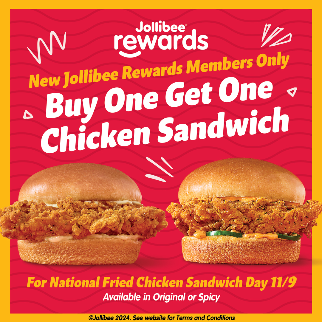 Jollibee National Fried Chicken Sandwich Day Buy one get one chicken sandwich