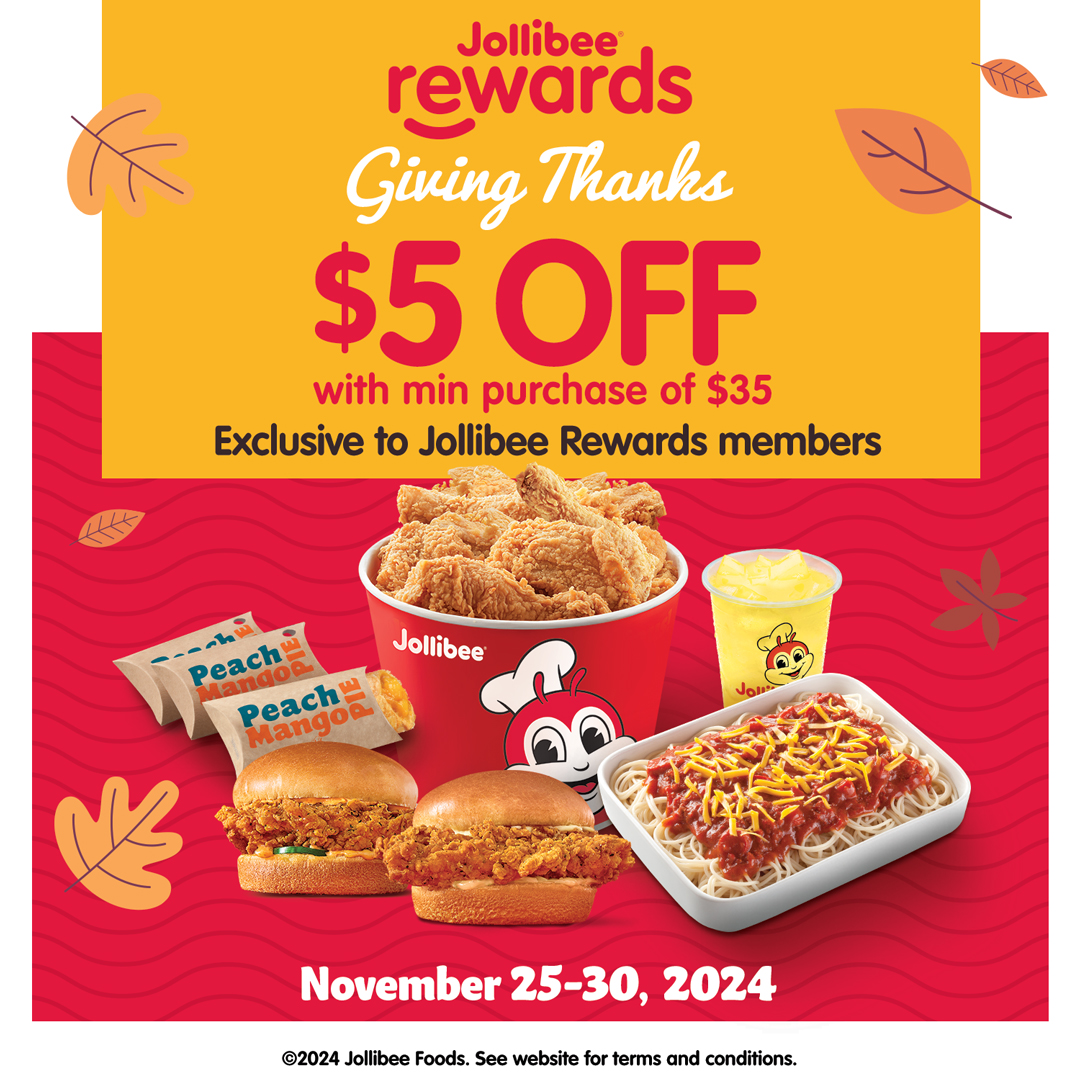 Jollibee Rewards $5 Off Orders Over $35 exclusive to Jollibee Rewards members